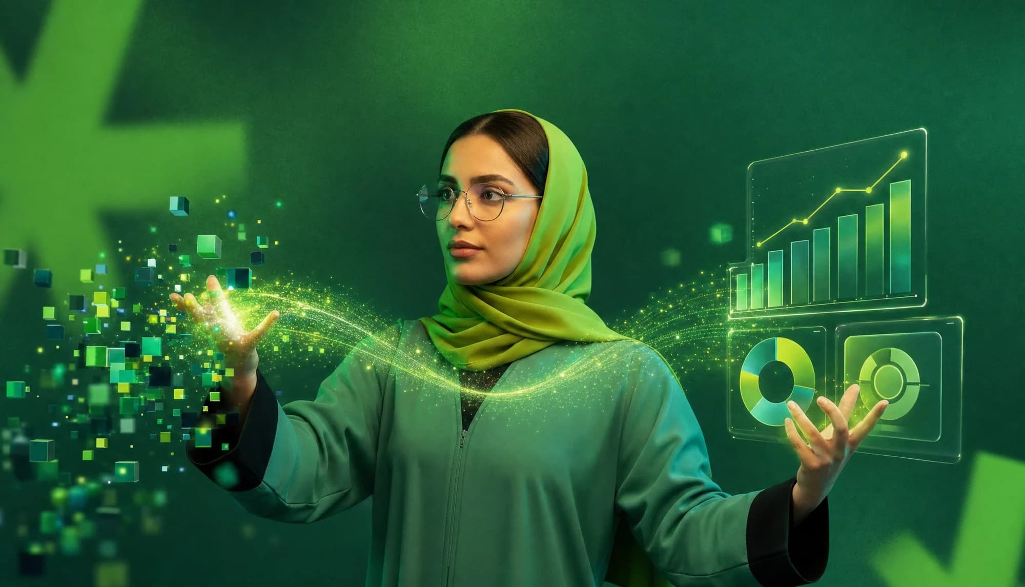 Saudi analyst turning scattered data cubes into a glowing analytics dashboard.